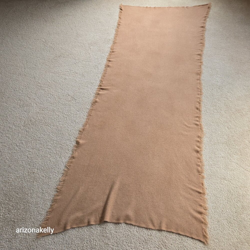 NWOT Tan Cashmere Knit Oblong Scarf with Fringe and Asymmetrical Ends - Picture 2 of 15